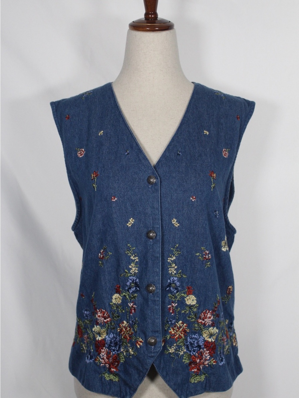 90s Koret Denim Button Up Floral Embroidered Vest